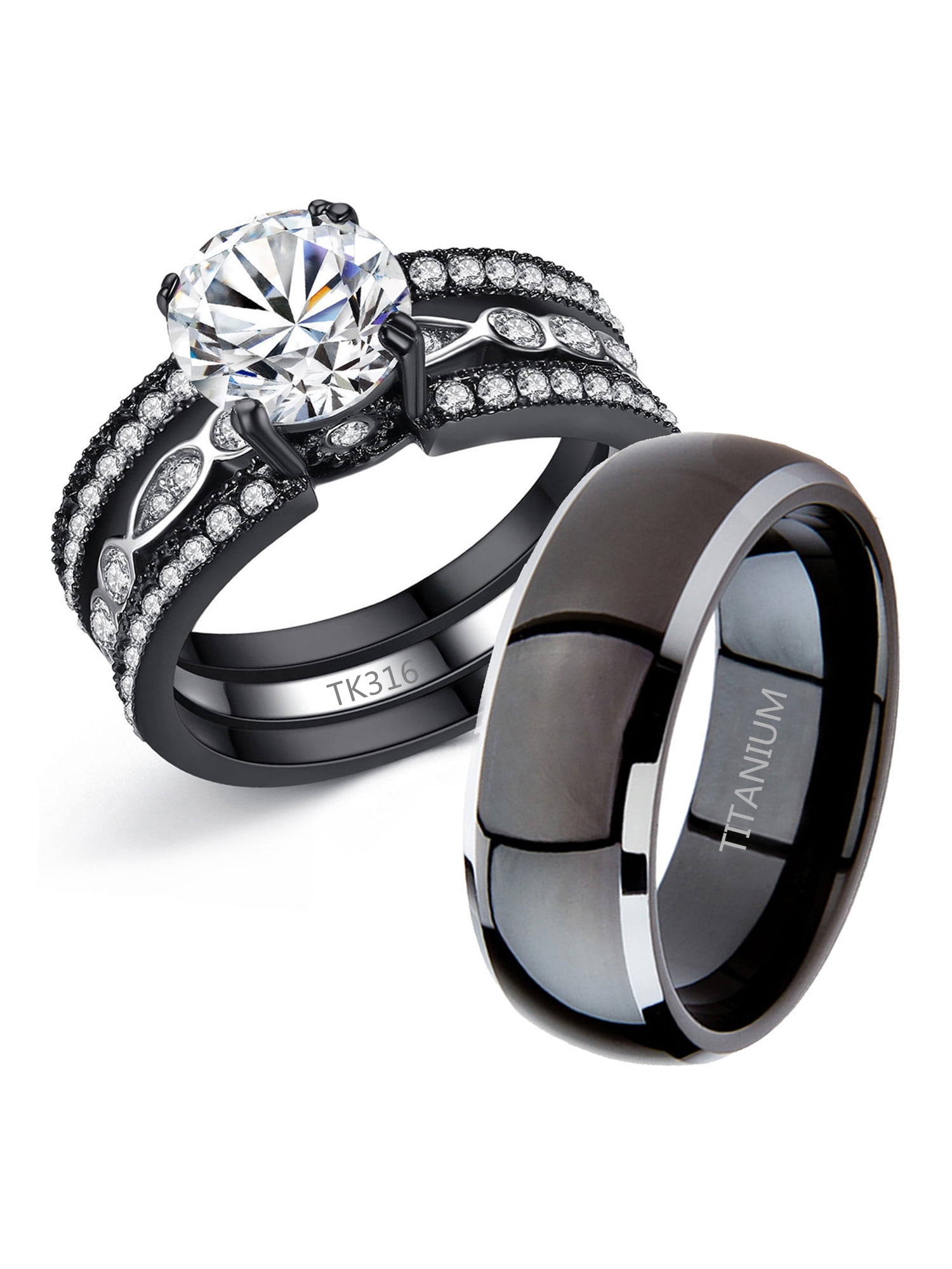 MABELLA Couple Rings Black Men’s Titanium Matching Band Women CZ Stainless Steel Engagement Wedding Sets